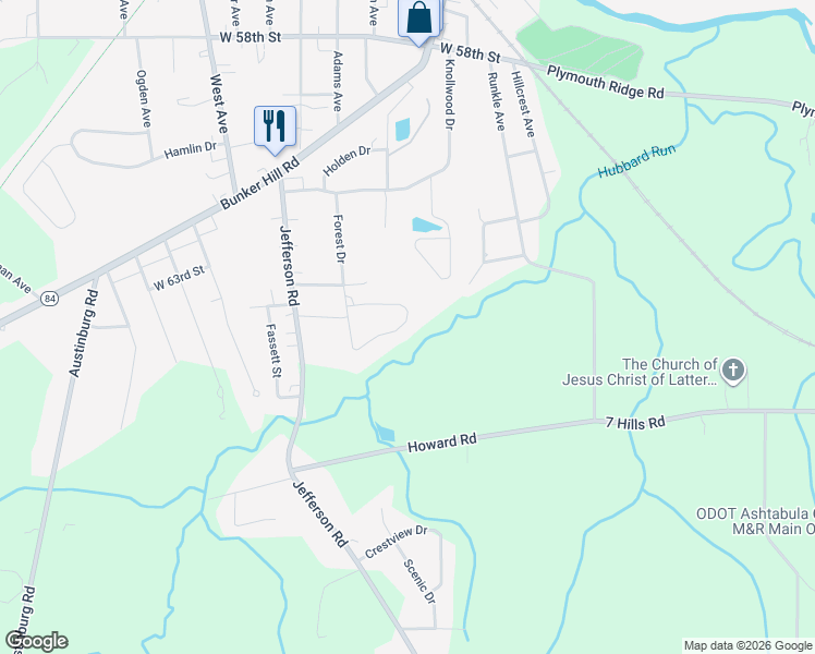 map of restaurants, bars, coffee shops, grocery stores, and more near 664 Talltrees Drive in Ashtabula