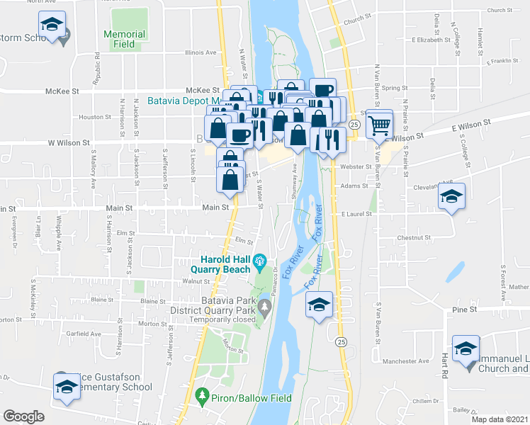 map of restaurants, bars, coffee shops, grocery stores, and more near 204 South Water Street in Batavia