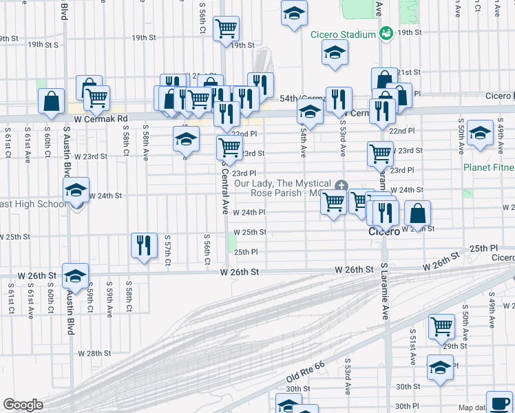 map of restaurants, bars, coffee shops, grocery stores, and more near 5506 W 24th Pl in Cicero