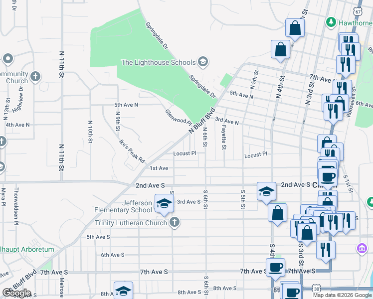 map of restaurants, bars, coffee shops, grocery stores, and more near 227 North Bluff Boulevard in Clinton