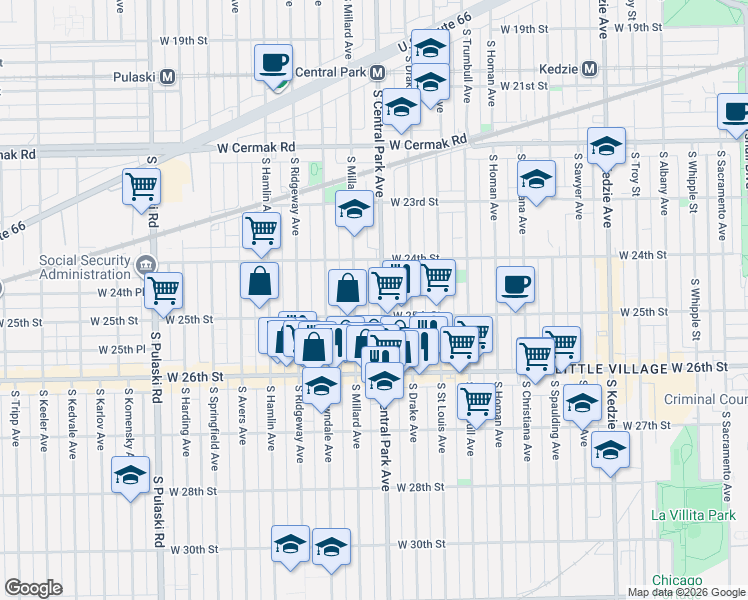map of restaurants, bars, coffee shops, grocery stores, and more near 2437 South Millard Avenue in Chicago