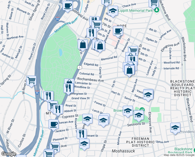 map of restaurants, bars, coffee shops, grocery stores, and more near 90 Colonial Road in Providence