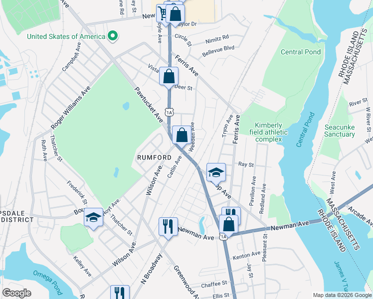 map of restaurants, bars, coffee shops, grocery stores, and more near 450 Pawtucket Avenue in East Providence