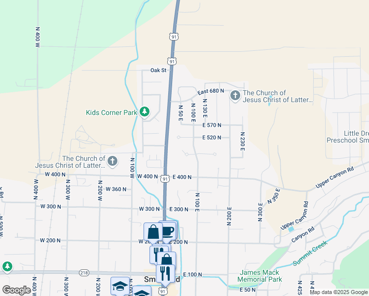 map of restaurants, bars, coffee shops, grocery stores, and more near 54 East 520 North in Smithfield
