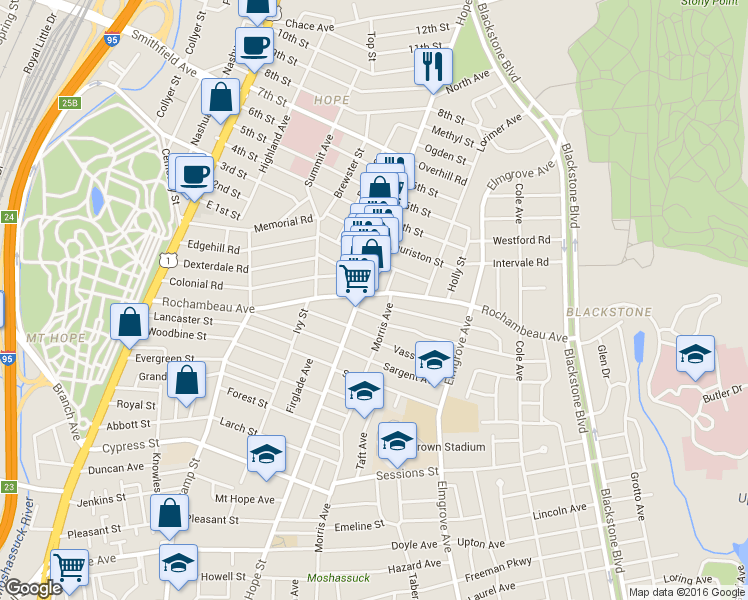 map of restaurants, bars, coffee shops, grocery stores, and more near 249 Rochambeau Avenue in Providence