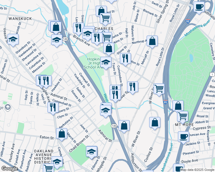 map of restaurants, bars, coffee shops, grocery stores, and more near 460 Charles Street in Providence
