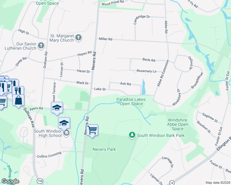 map of restaurants, bars, coffee shops, grocery stores, and more near 71 Lake Street in South Windsor