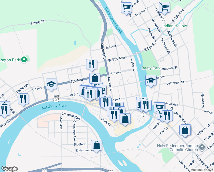 map of restaurants, bars, coffee shops, grocery stores, and more near 301 Market Street in Warren