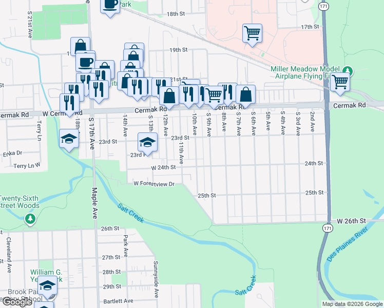 map of restaurants, bars, coffee shops, grocery stores, and more near 2327 South 11th Avenue in Riverside