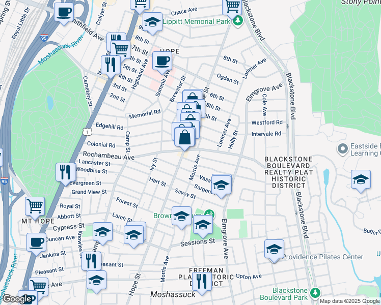 map of restaurants, bars, coffee shops, grocery stores, and more near in Providence