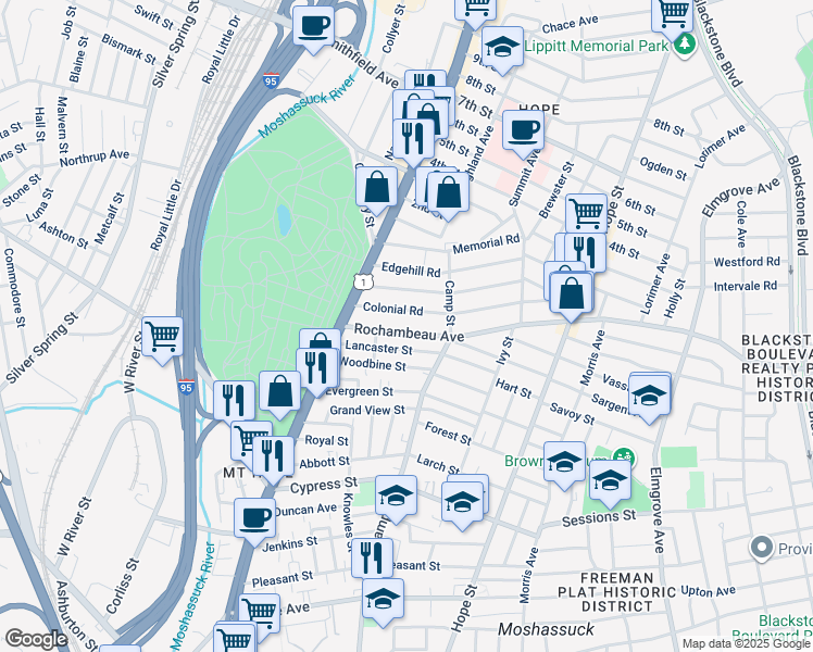 map of restaurants, bars, coffee shops, grocery stores, and more near 132 Colonial Road in Providence