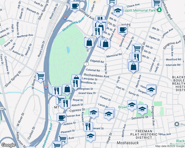 map of restaurants, bars, coffee shops, grocery stores, and more near 132 Colonial Road in Providence