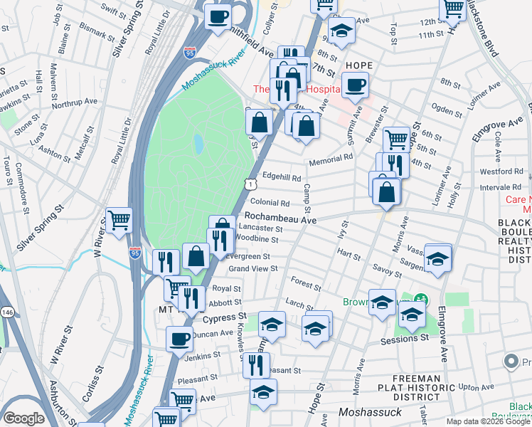map of restaurants, bars, coffee shops, grocery stores, and more near 132 Colonial Road in Providence
