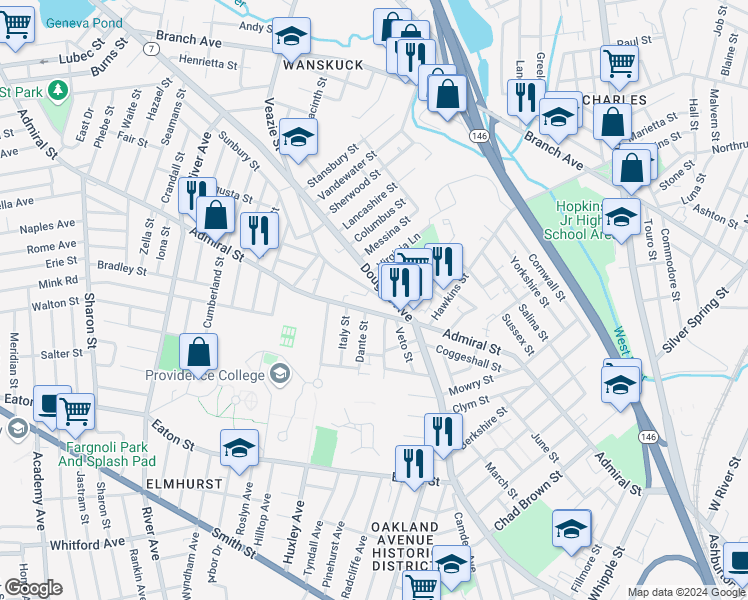 map of restaurants, bars, coffee shops, grocery stores, and more near 619 Rhode Island 7 in Providence