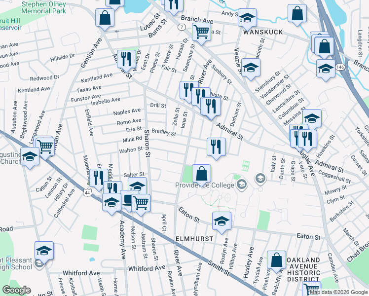 map of restaurants, bars, coffee shops, grocery stores, and more near 701 River Avenue in Providence