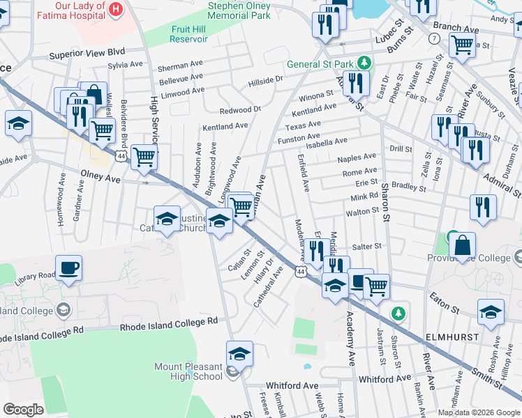 map of restaurants, bars, coffee shops, grocery stores, and more near 44 Gentian Avenue in Providence
