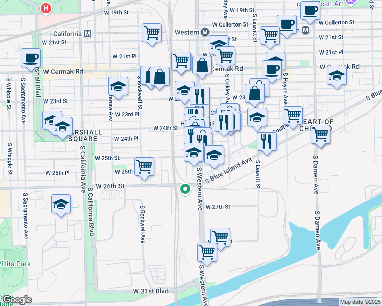 map of restaurants, bars, coffee shops, grocery stores, and more near 2453 South Western Avenue in Chicago