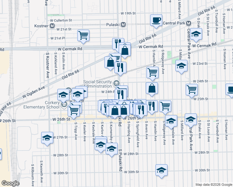 map of restaurants, bars, coffee shops, grocery stores, and more near 2429 South Pulaski Road in Chicago