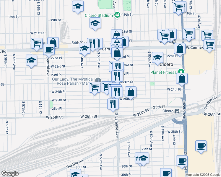 map of restaurants, bars, coffee shops, grocery stores, and more near in Cicero