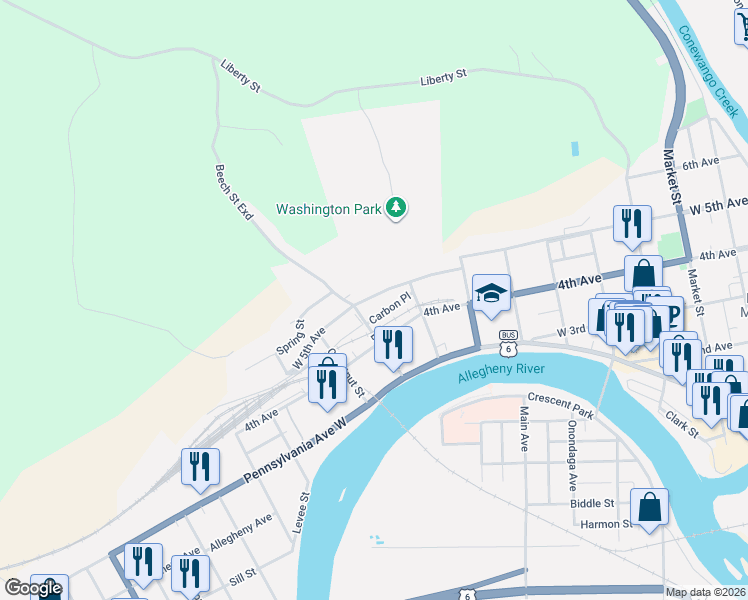 map of restaurants, bars, coffee shops, grocery stores, and more near 825-827 West 5th Avenue in Warren