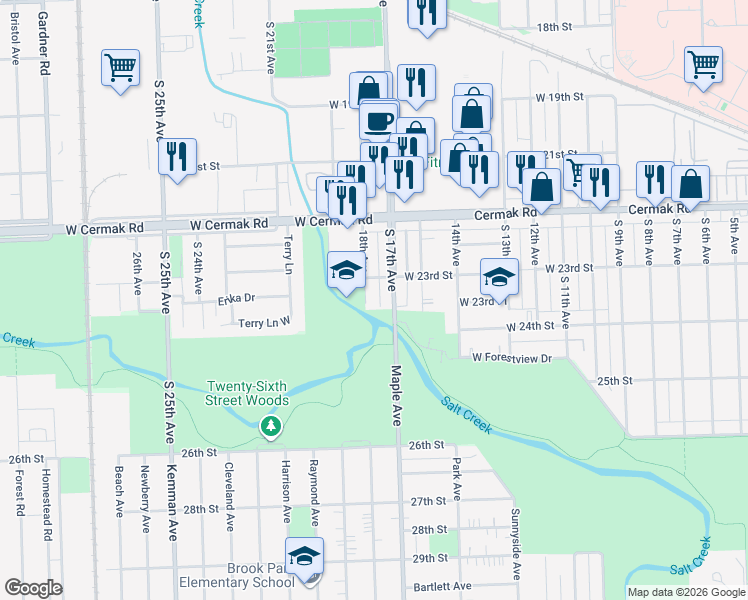 map of restaurants, bars, coffee shops, grocery stores, and more near 2313 18th Avenue in North Riverside