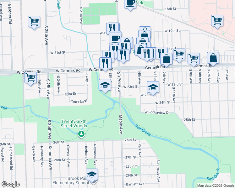 map of restaurants, bars, coffee shops, grocery stores, and more near 2317 South 17th Avenue in North Riverside