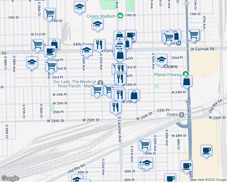 map of restaurants, bars, coffee shops, grocery stores, and more near in Cicero