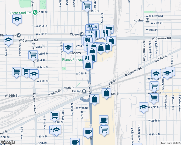 map of restaurants, bars, coffee shops, grocery stores, and more near 2411 South Cicero Avenue in Cicero