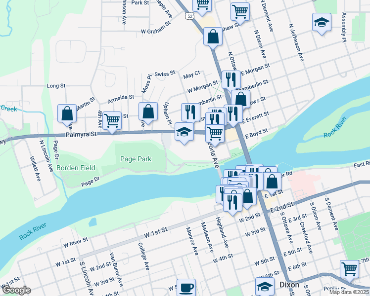 map of restaurants, bars, coffee shops, grocery stores, and more near 300 Lincoln Statue Drive in Dixon