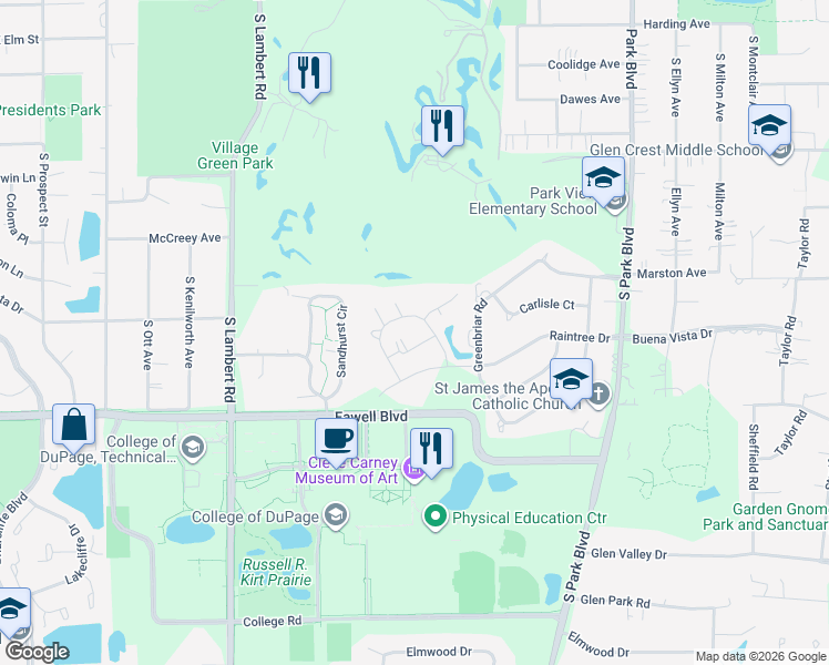 map of restaurants, bars, coffee shops, grocery stores, and more near 450 Raintree Court in Glen Ellyn
