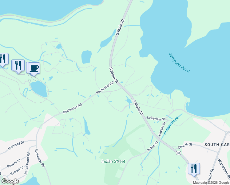 map of restaurants, bars, coffee shops, grocery stores, and more near 16 Rochester Road in Carver