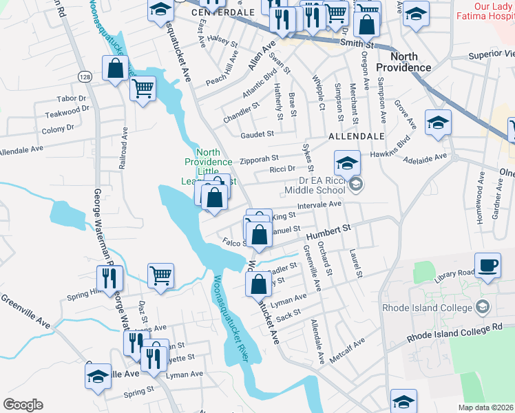 map of restaurants, bars, coffee shops, grocery stores, and more near 1 Intervale Avenue in North Providence