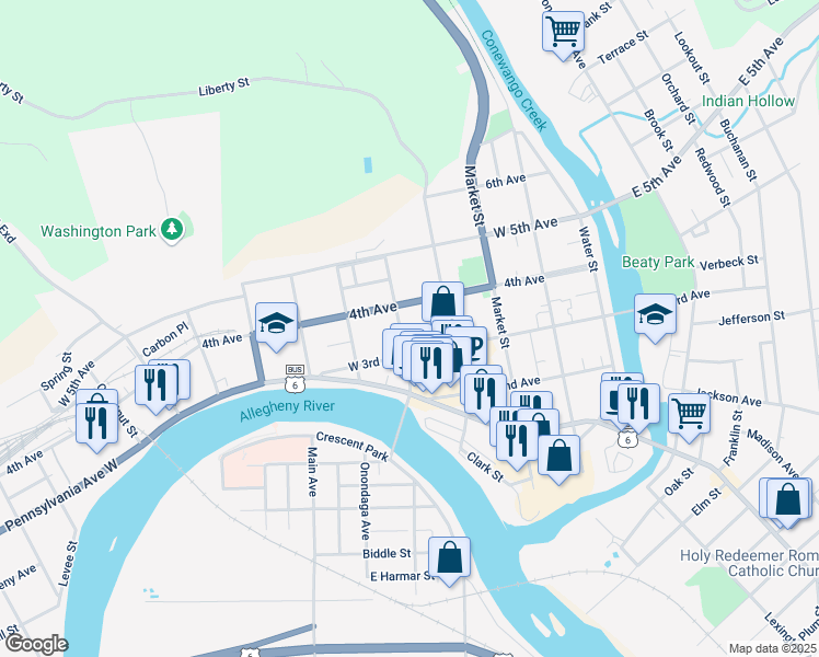 map of restaurants, bars, coffee shops, grocery stores, and more near 330 Hickory Street in Warren