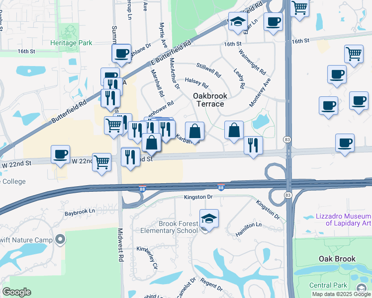 map of restaurants, bars, coffee shops, grocery stores, and more near 17 22nd Street in Oakbrook Terrace