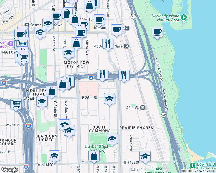 map of restaurants, bars, coffee shops, grocery stores, and more near 2518 South Calumet Avenue in Chicago