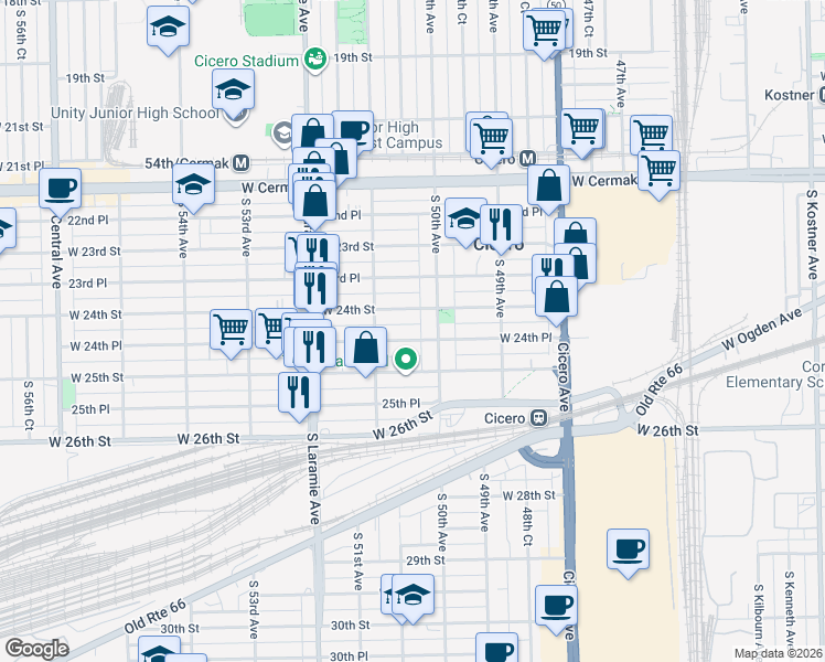 map of restaurants, bars, coffee shops, grocery stores, and more near 5018 West 24th Place in Cicero