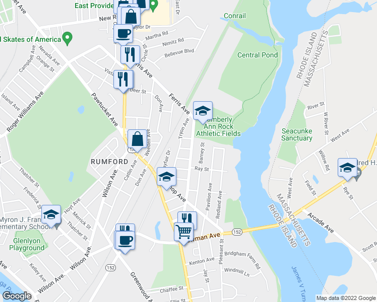 map of restaurants, bars, coffee shops, grocery stores, and more near 7 Estelle Street in East Providence