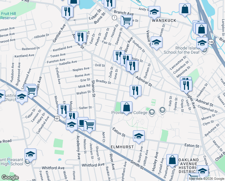 map of restaurants, bars, coffee shops, grocery stores, and more near 128 Sandringham Avenue in Providence