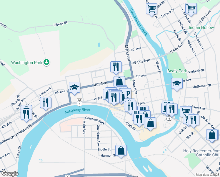 map of restaurants, bars, coffee shops, grocery stores, and more near 330 Hickory Street in Warren