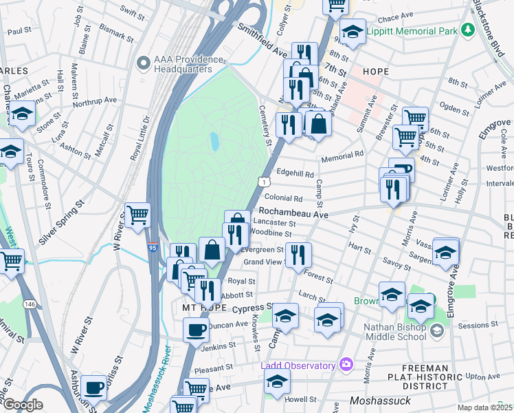 map of restaurants, bars, coffee shops, grocery stores, and more near in Providence