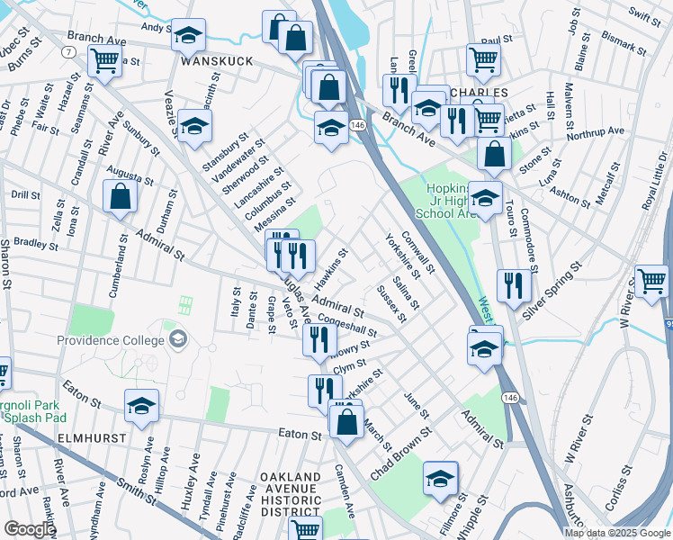 map of restaurants, bars, coffee shops, grocery stores, and more near 61 Tappan Street in Providence