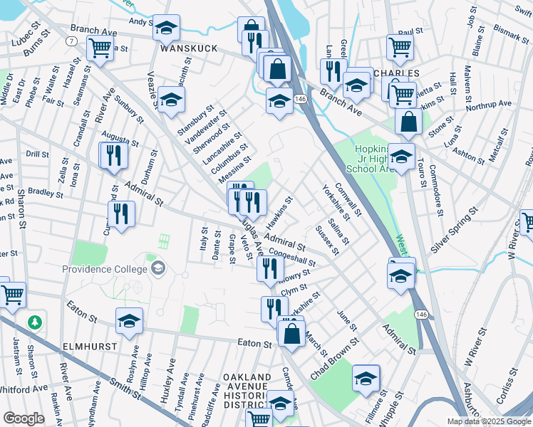 map of restaurants, bars, coffee shops, grocery stores, and more near 395 Admiral Street in Providence