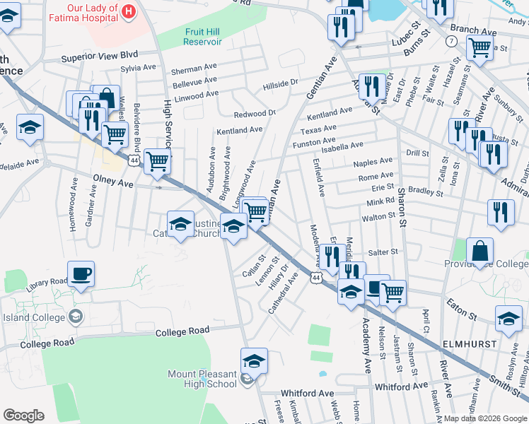 map of restaurants, bars, coffee shops, grocery stores, and more near 44 Gentian Avenue in Providence