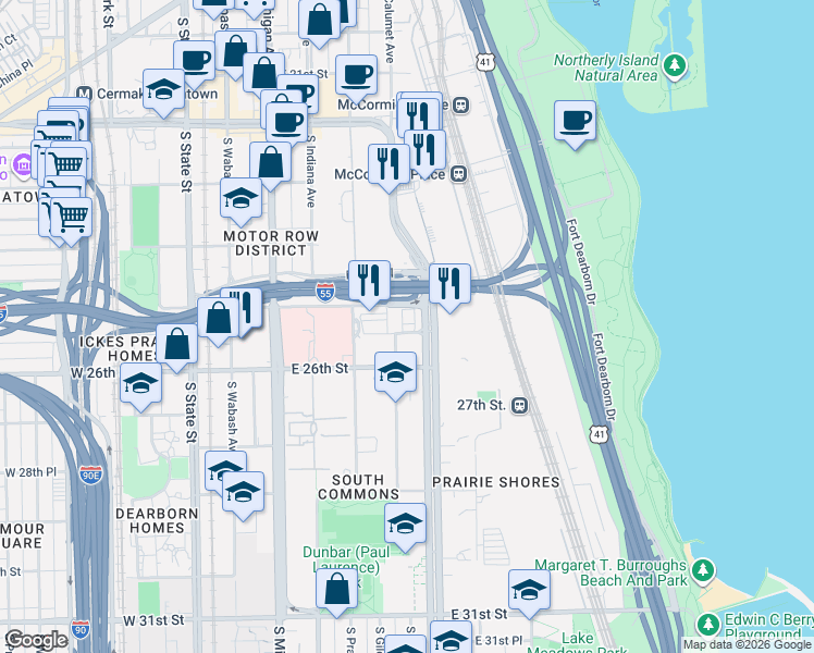 map of restaurants, bars, coffee shops, grocery stores, and more near 2520 South King Drive in Chicago
