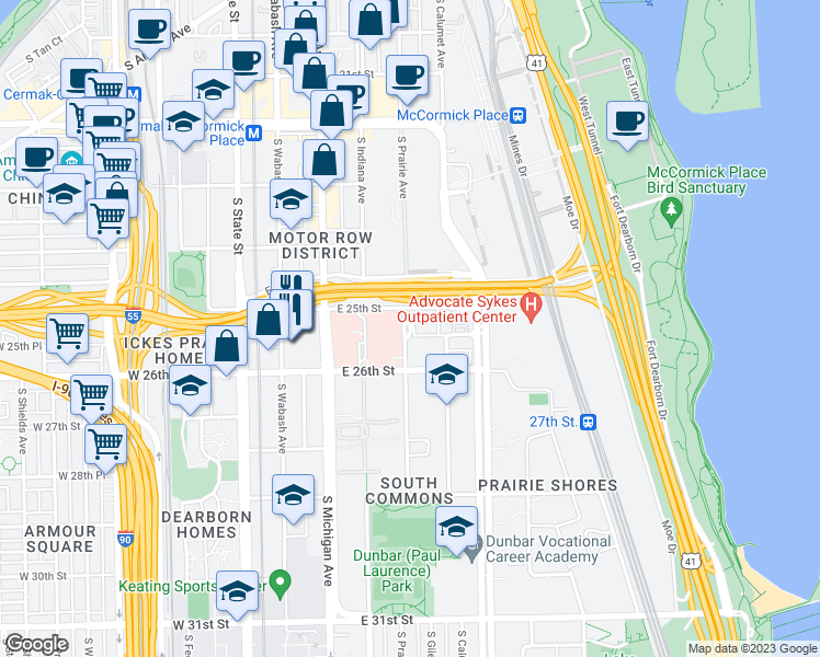 map of restaurants, bars, coffee shops, grocery stores, and more near 2525 South Michigan Avenue in Chicago