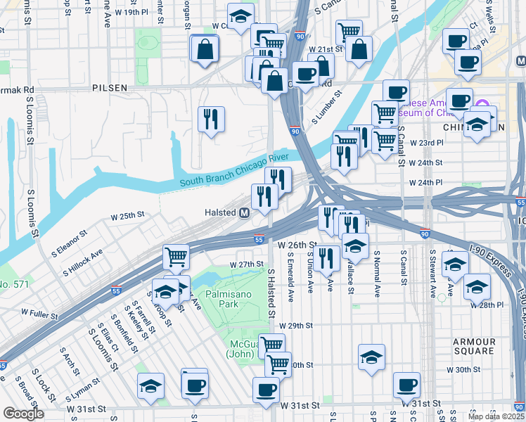 map of restaurants, bars, coffee shops, grocery stores, and more near 2505 South Archer Avenue in Chicago