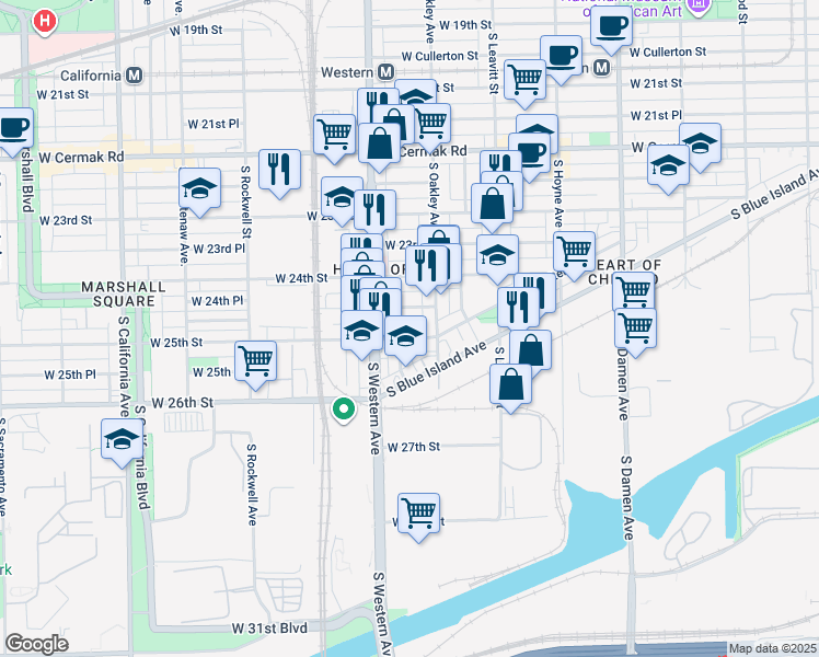 map of restaurants, bars, coffee shops, grocery stores, and more near 2324 West 25th Street in Chicago