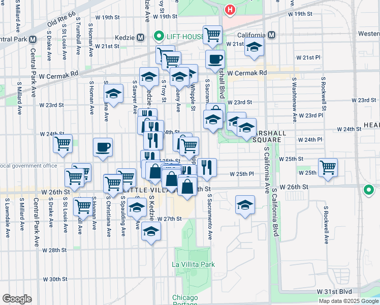 map of restaurants, bars, coffee shops, grocery stores, and more near 2437 South Albany Avenue in Chicago