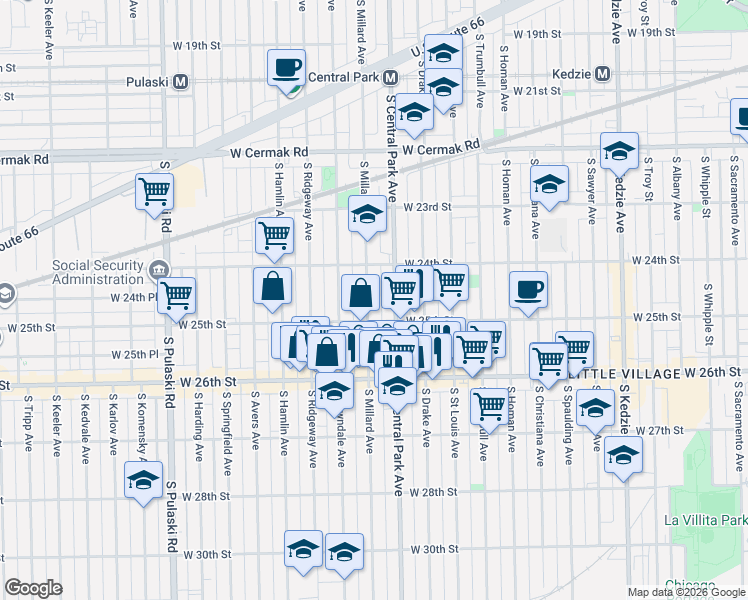 map of restaurants, bars, coffee shops, grocery stores, and more near 2437 South Millard Avenue in Chicago