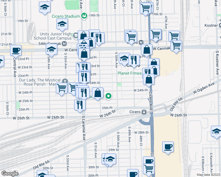 map of restaurants, bars, coffee shops, grocery stores, and more near 5018 West 24th Place in Cicero